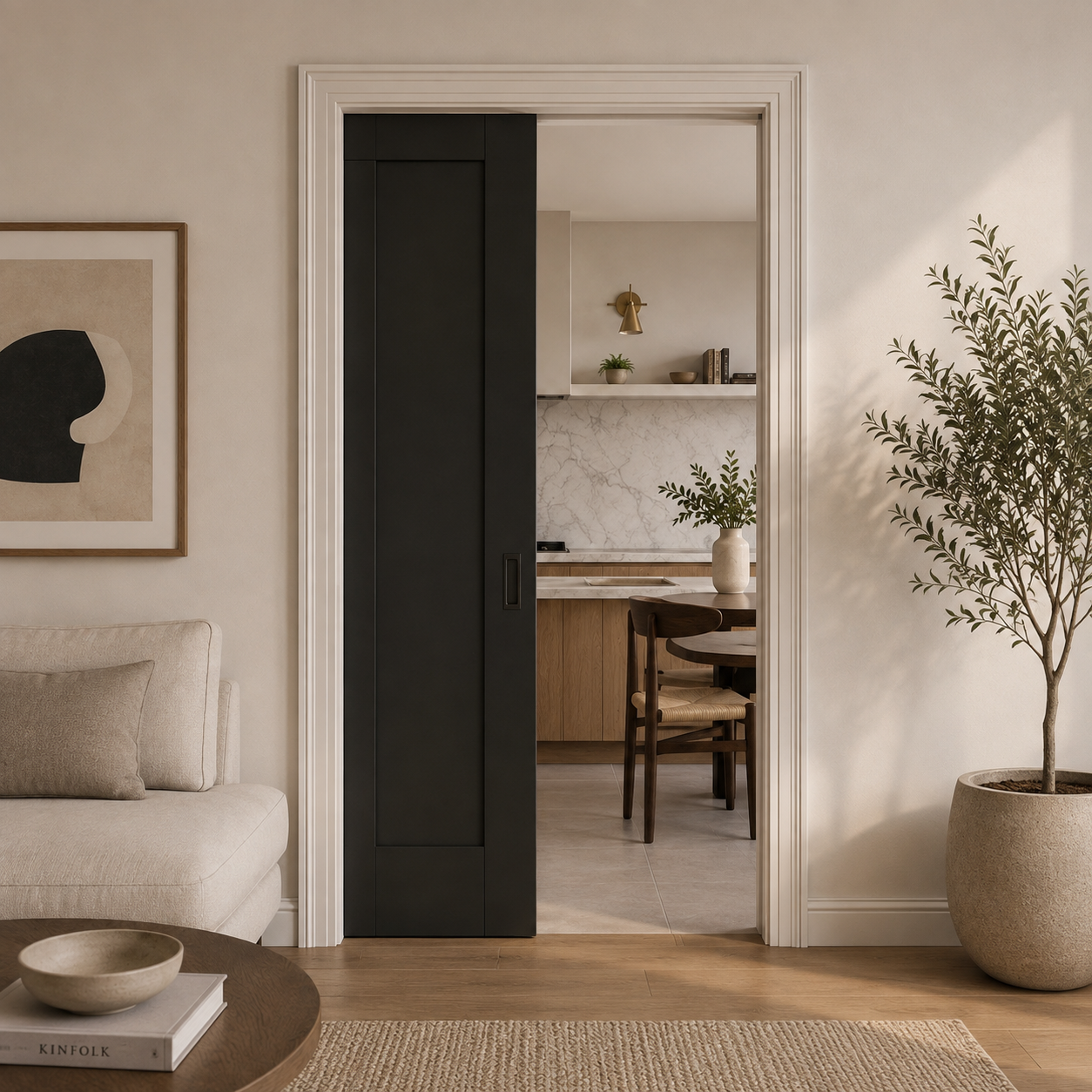Black pocket door partially slid into the wall between a living room and kitchen