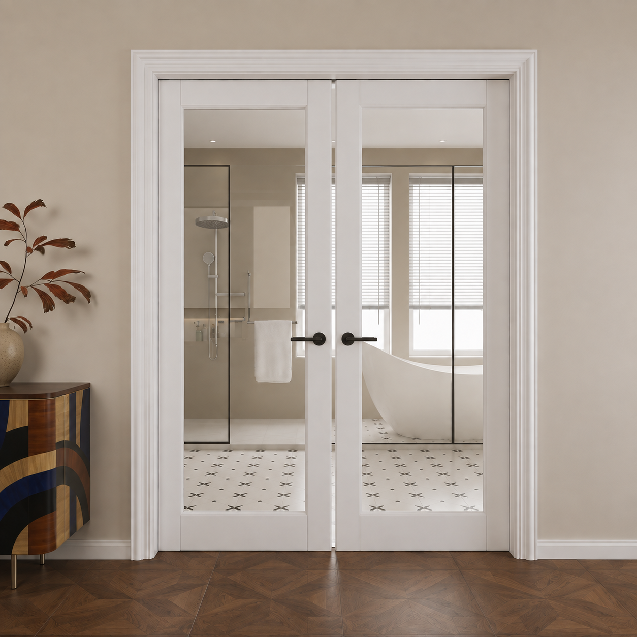 Pair of white glass-panel French doors opening into a bathroom