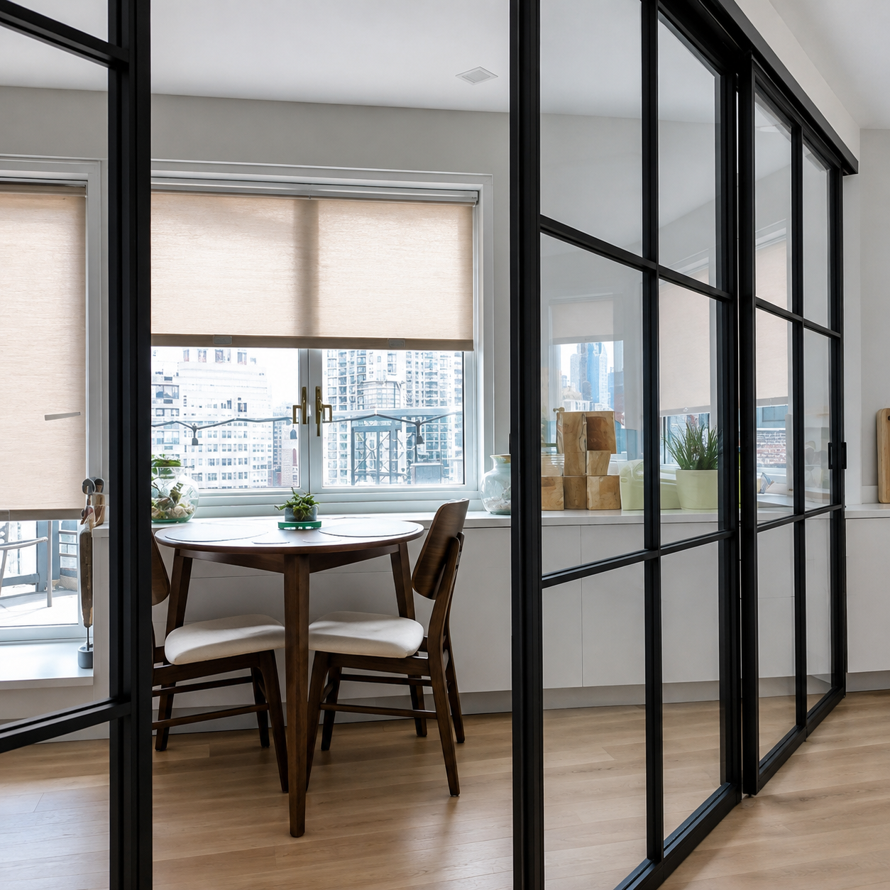 Black-framed sliding glass doors separating a dining nook from a kitchen