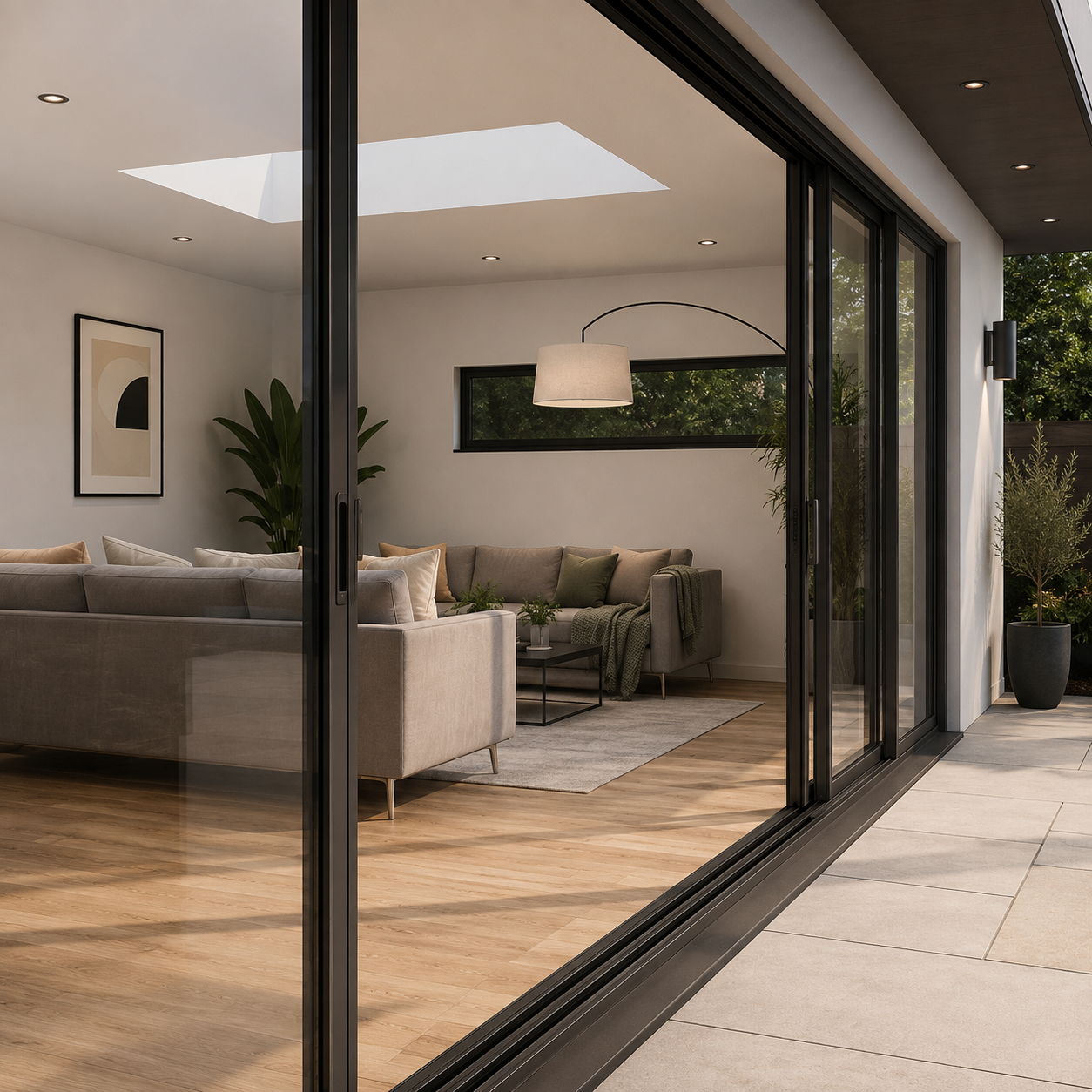 Black-framed sliding glass patio door connecting a living room to a terrace