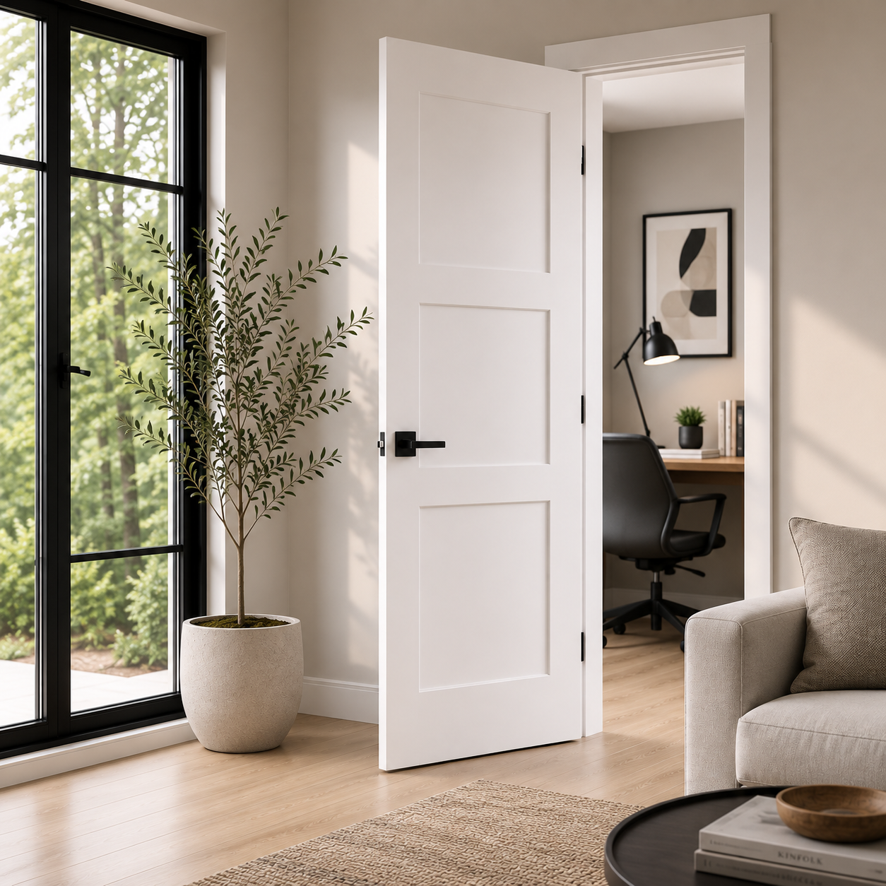Open white three-panel interior door leading into a home office