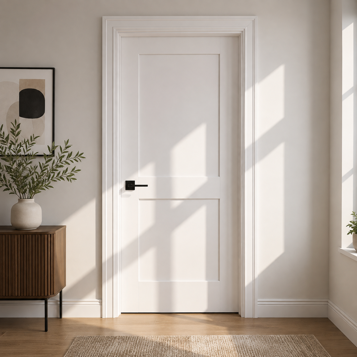 Closed white two-panel interior door with a black lever handle